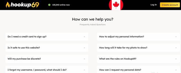 Screenshot Hookup69 Support FAQ